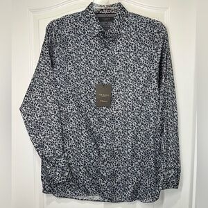 Ted Baker London Navy Floral Print Button Up Long Sleeve Modern Fit Size 16